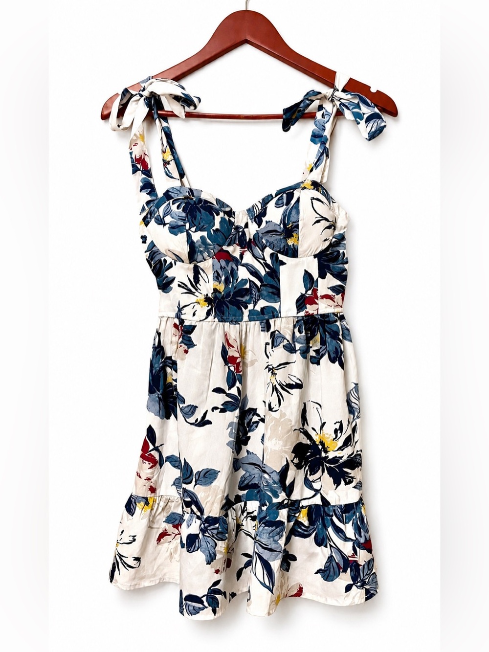 Bog Collective Floral Tie Shoulder Mini Dress Size Small Blue White Bustier S